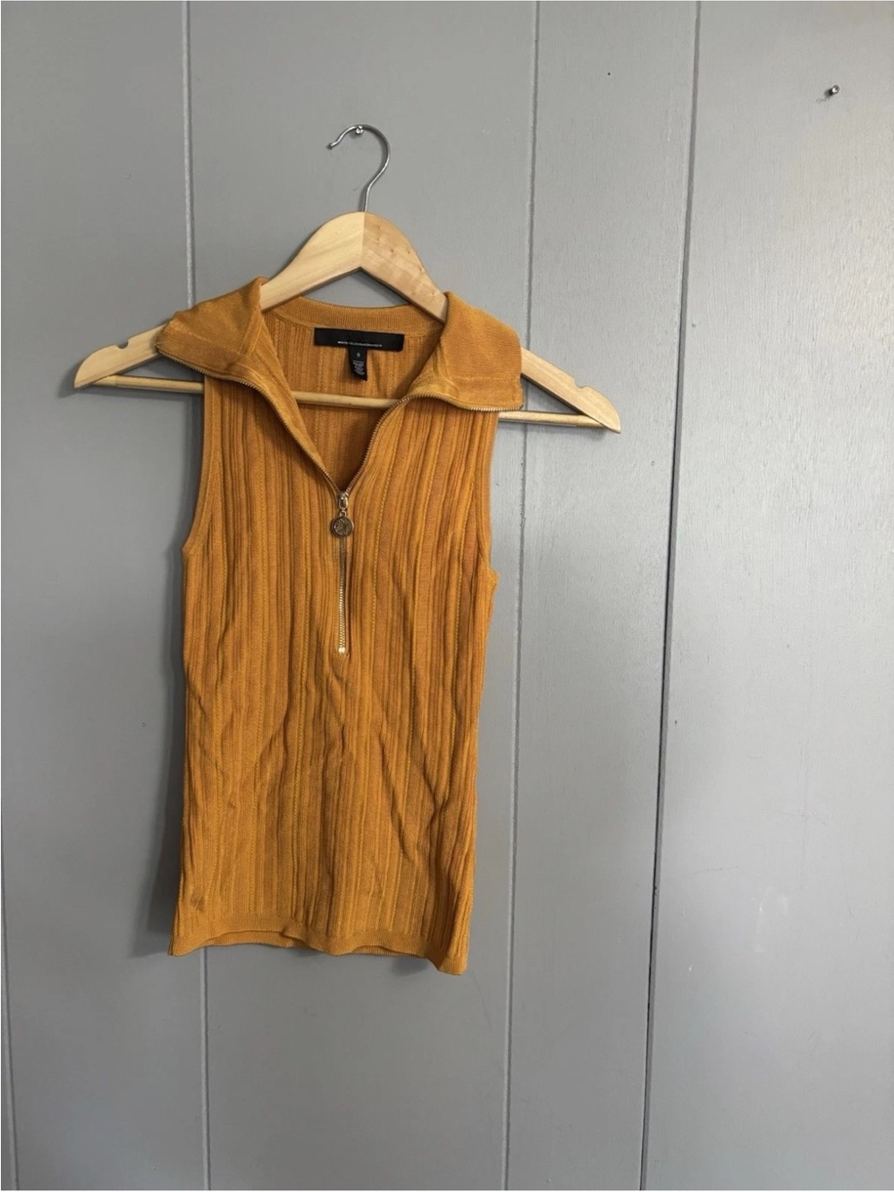 White House Black Market Mustard Ribbed Sleeveless Zip Polo Tank